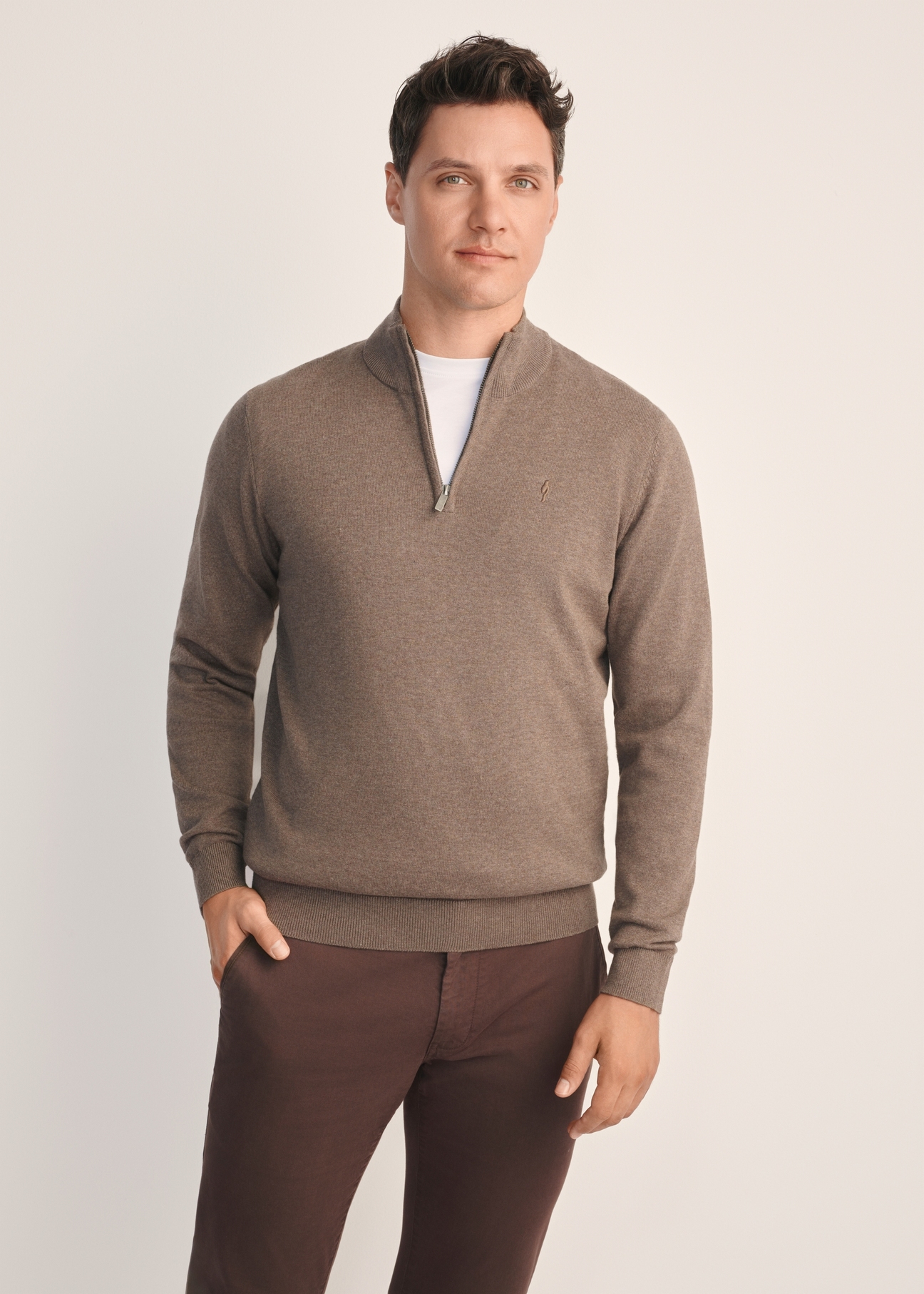 Brązowy sweter męski SWEMT-0174-90(Z25), widok produktu z przodu na modelu. Widoczna połowa sylwetki.