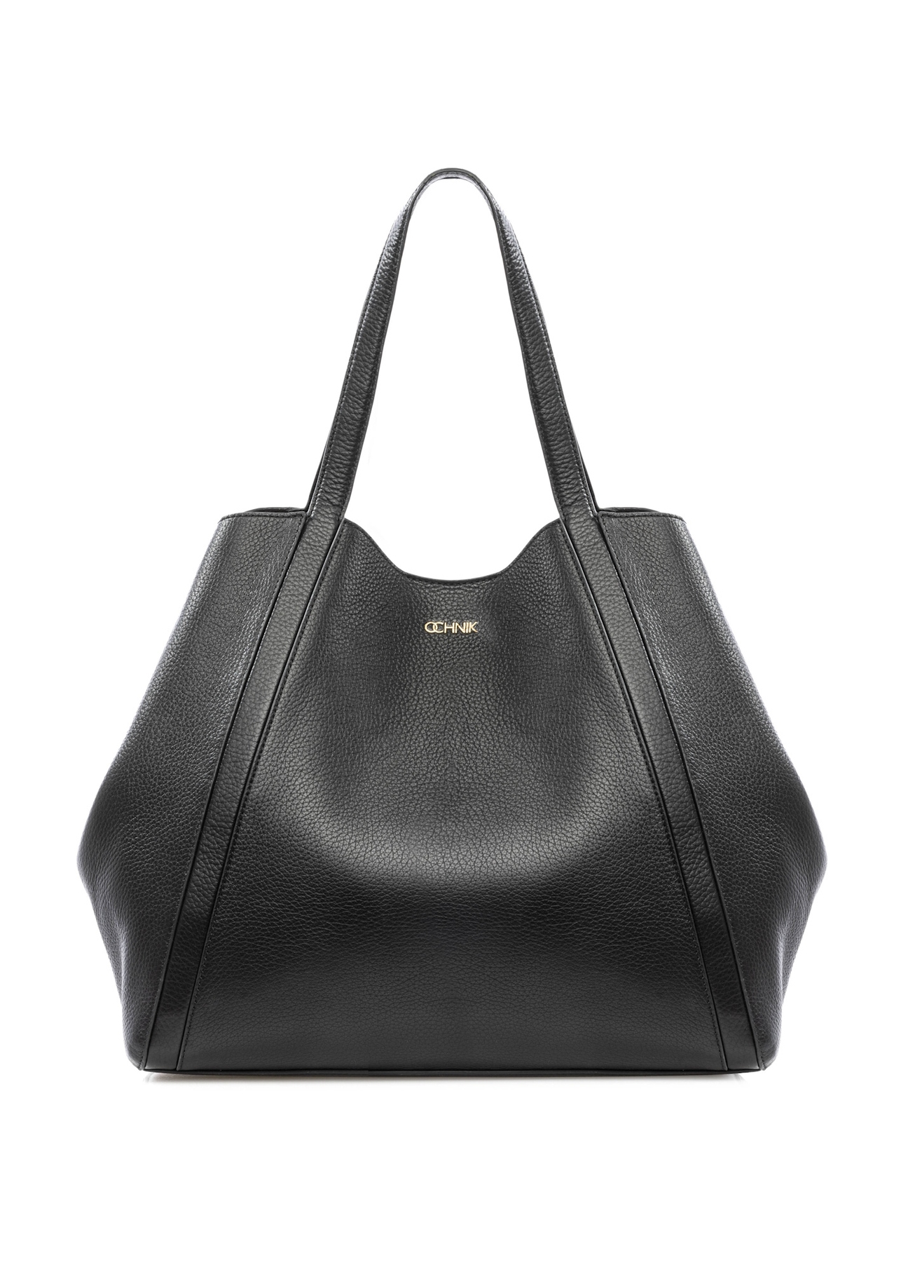 Czarna skórzana torebka shopper damska TORES-1208-9I(W26), widok produktu z przodu na białym tle.