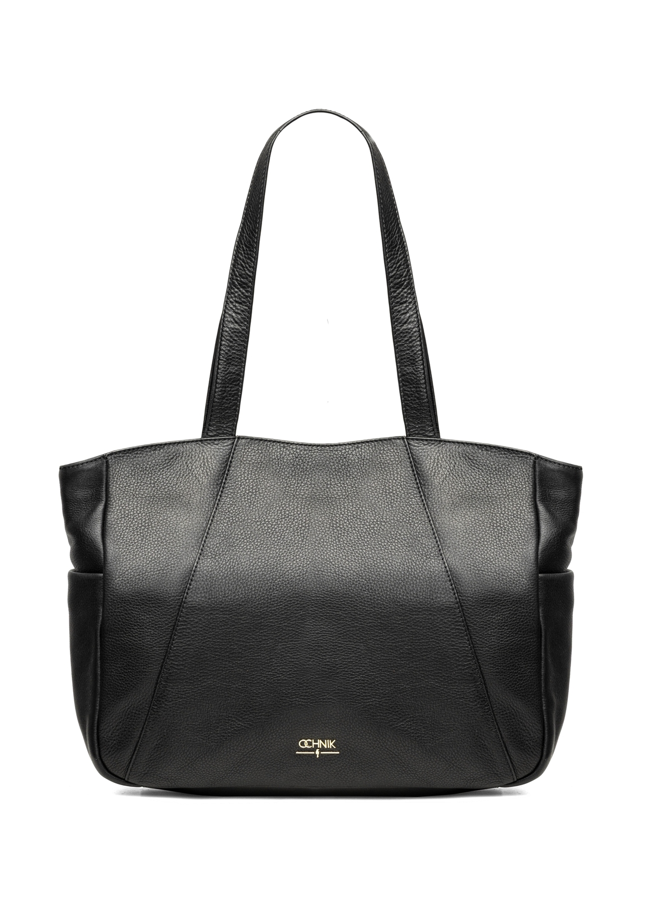 Czarna skórzana torebka shopper damska TORES-1255-99(W26) - widok produktu z przodu, na białym tle. 