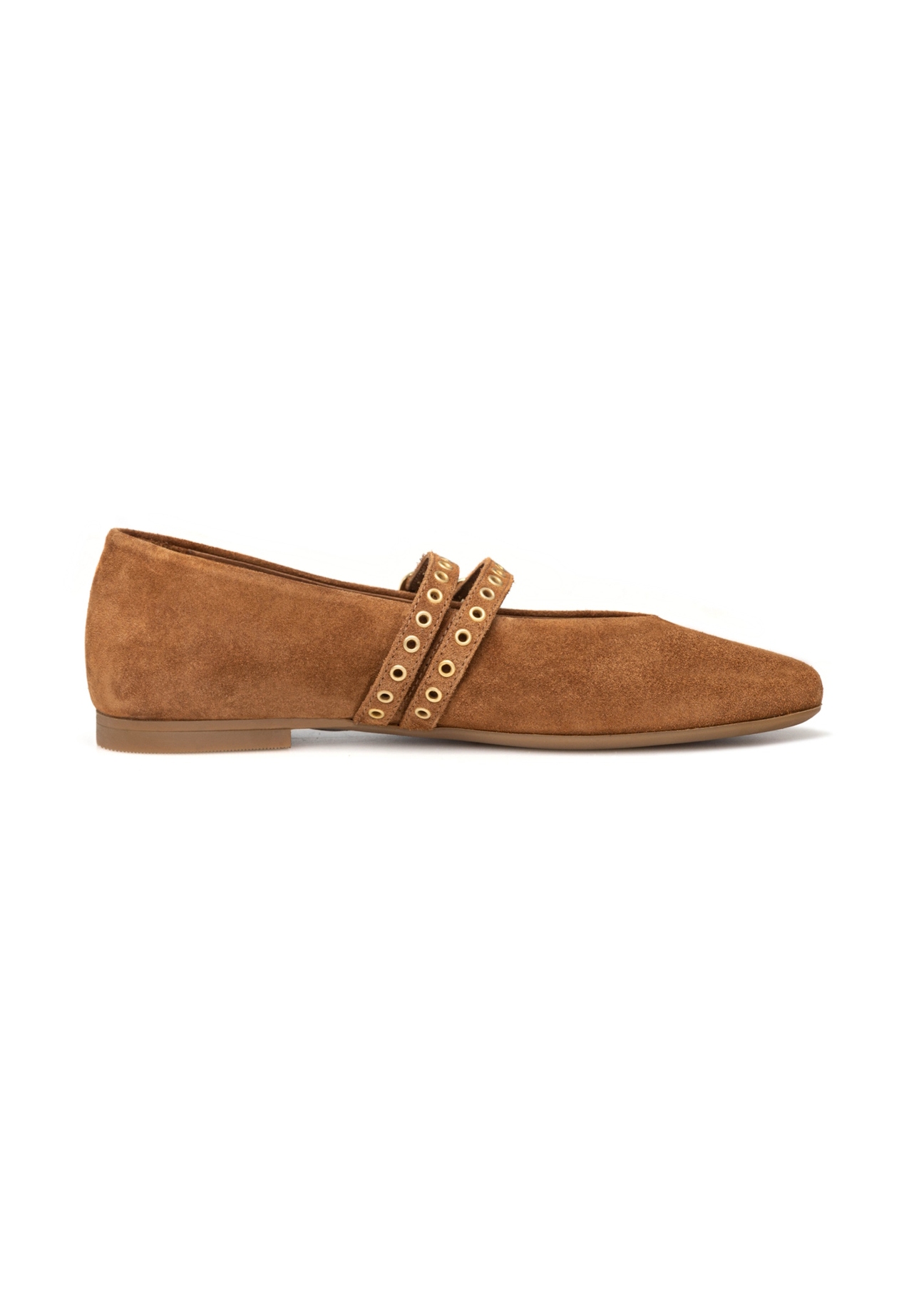 Zamszowe baleriny damskie w kolorze camelu BUTYD-1243-1D(W26), widok produktu z boku na białym tle.