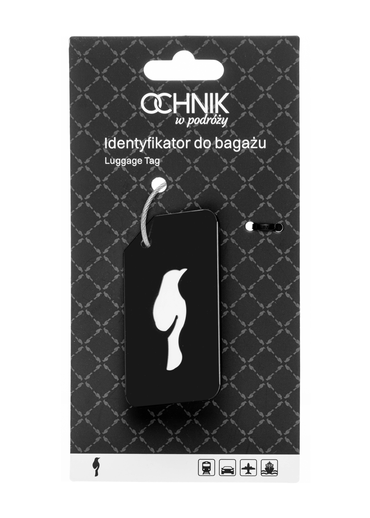 Czarny identyfikator do bagażu AW-012-0003-99(W26), widok produktu w opakowaniu na białym tle.
