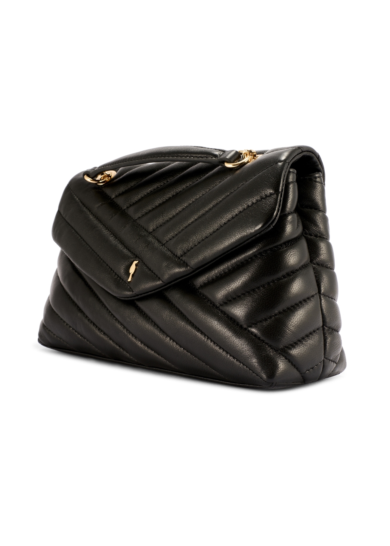 Skórzana torebka damska w kolorze czarnym TORES-1285-99(W26) - widok produktu po skosie, na białym tle. 