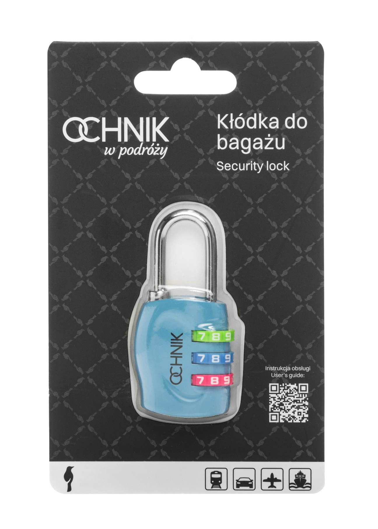 Jasnoniebieska szyfrowa kłódka AW-015-0005-7A(W26), widok produktu w opakowaniu na białym tle.