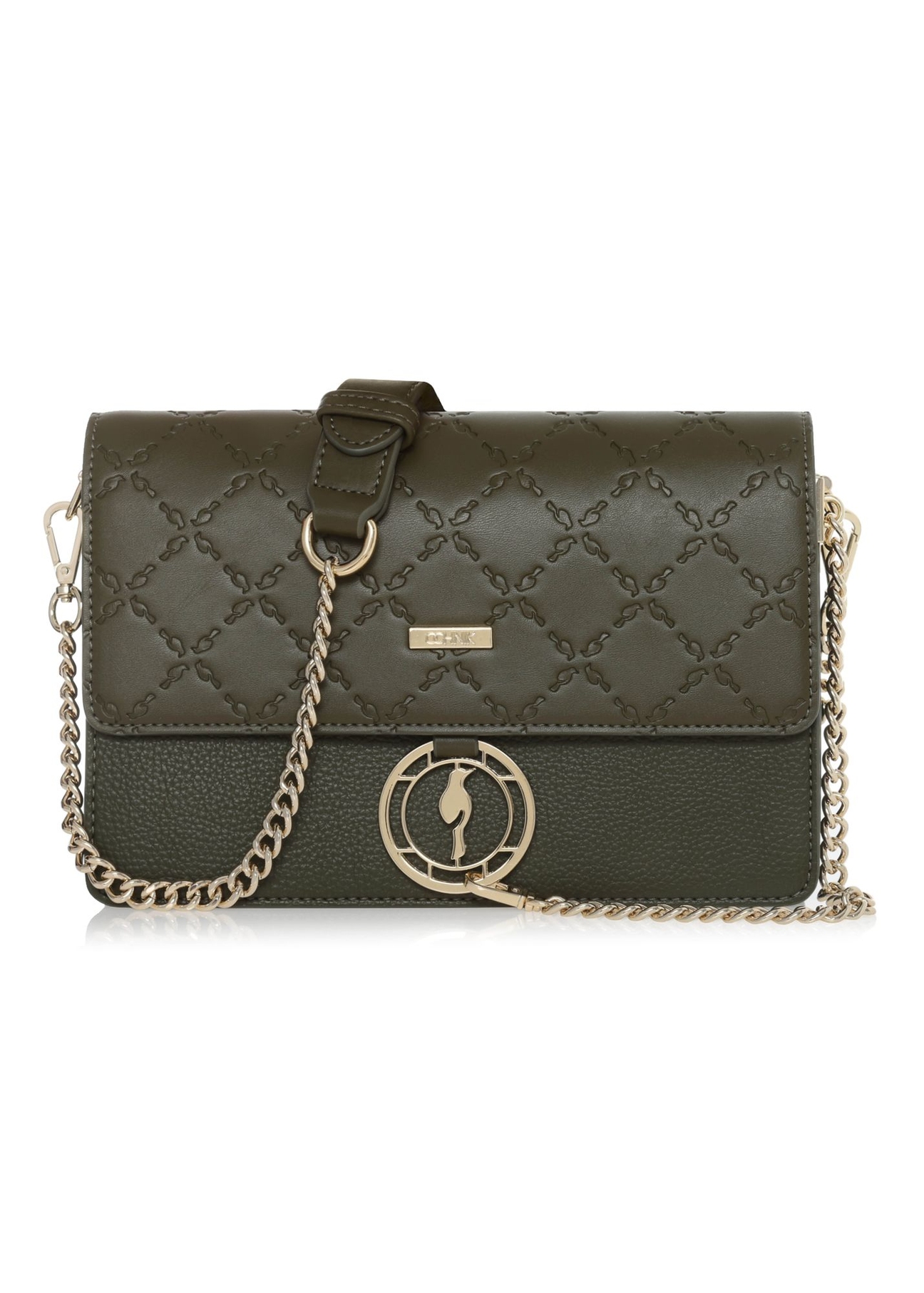 Torebka damska khaki z monogramem TOREC-0536B-55(W25) - widok torebki z przodu na białym tle. 