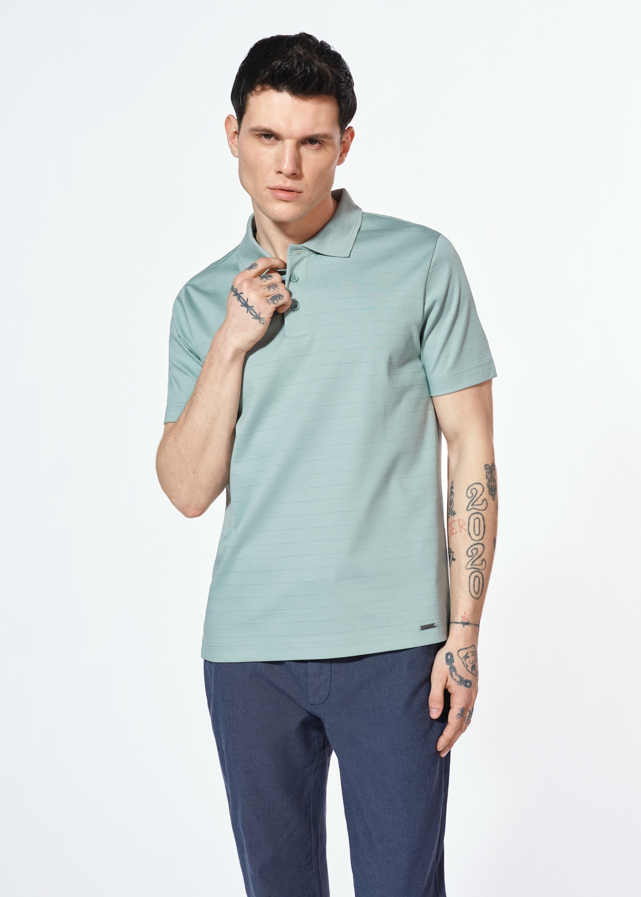 Bawełniana miętowa koszulka polo POLMT-0076-53(W25)-01