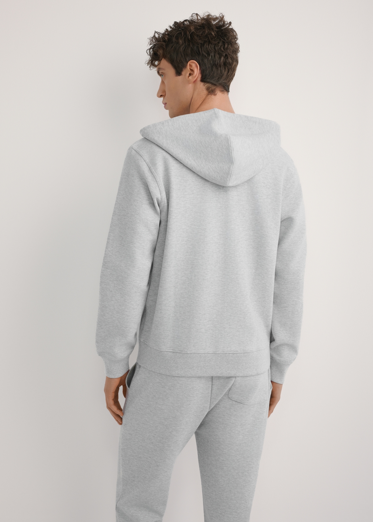 Szara bluza męska z kapturem BLZMT-0079-9A(W26), widok produktu z tyłu na modelu. Widoczna połowa sylwetki.