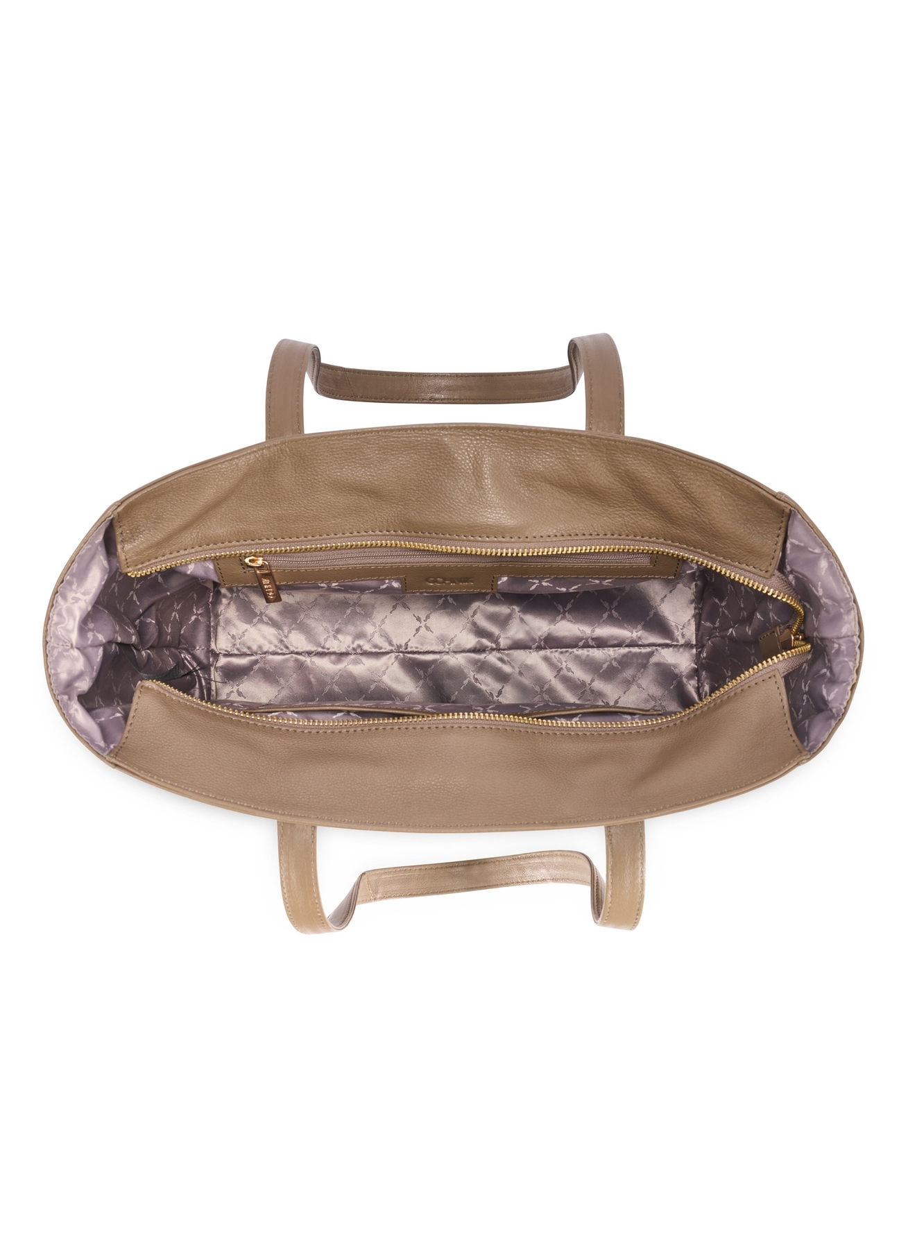 Ciemnobeżowa skórzana torebka shopper damska TORES-0971F-1K(W26) - widok produktu z góry, na białym tle. 
