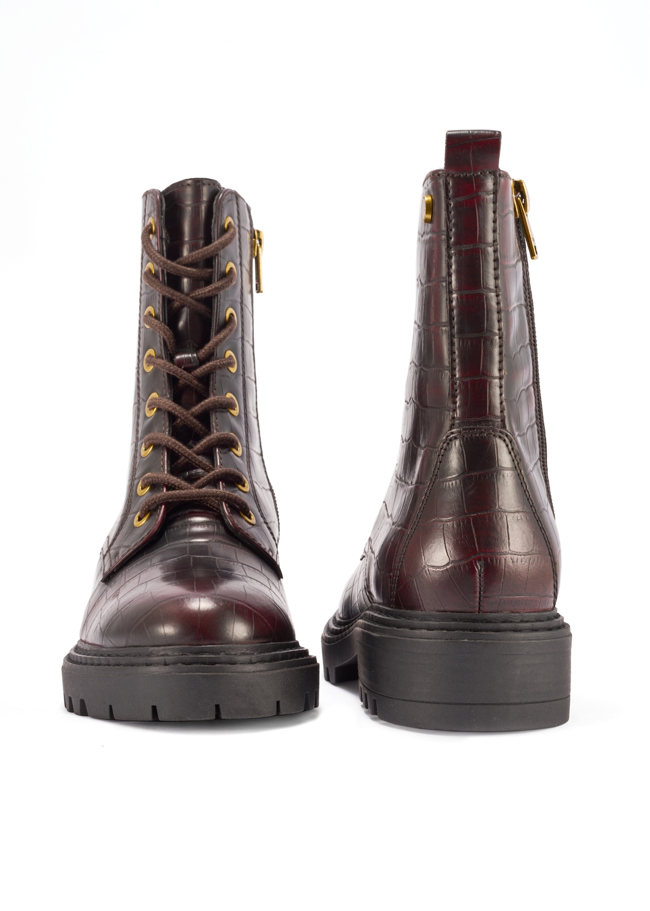 Bordowe botki damskie croco BUTYD-1192-90(Z25), widok produktu z przodu i tyłu na białym tle.