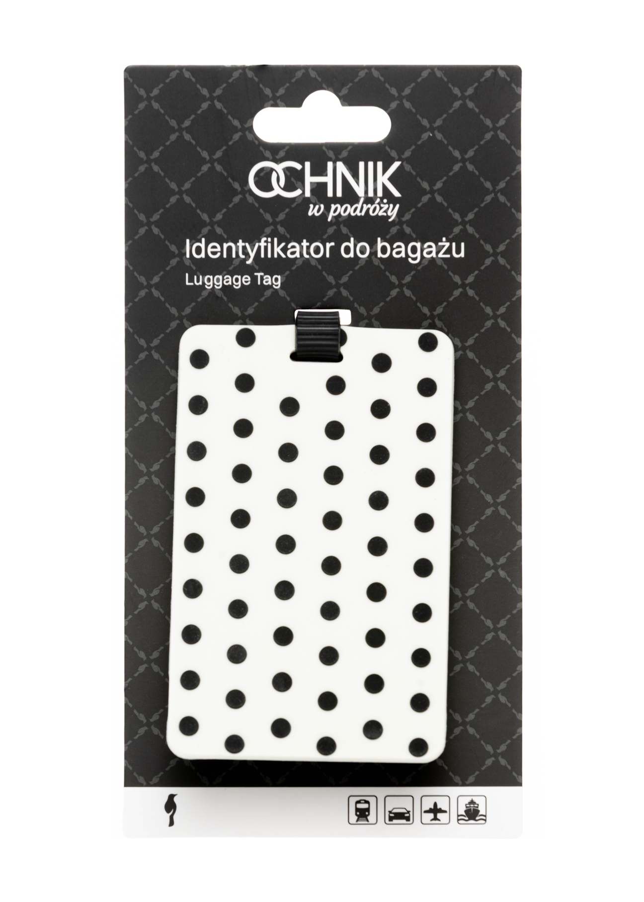 Identyfikator do bagażu AW-012-0016-0P(W26), widok produktu z opakowaniem na białym tle.