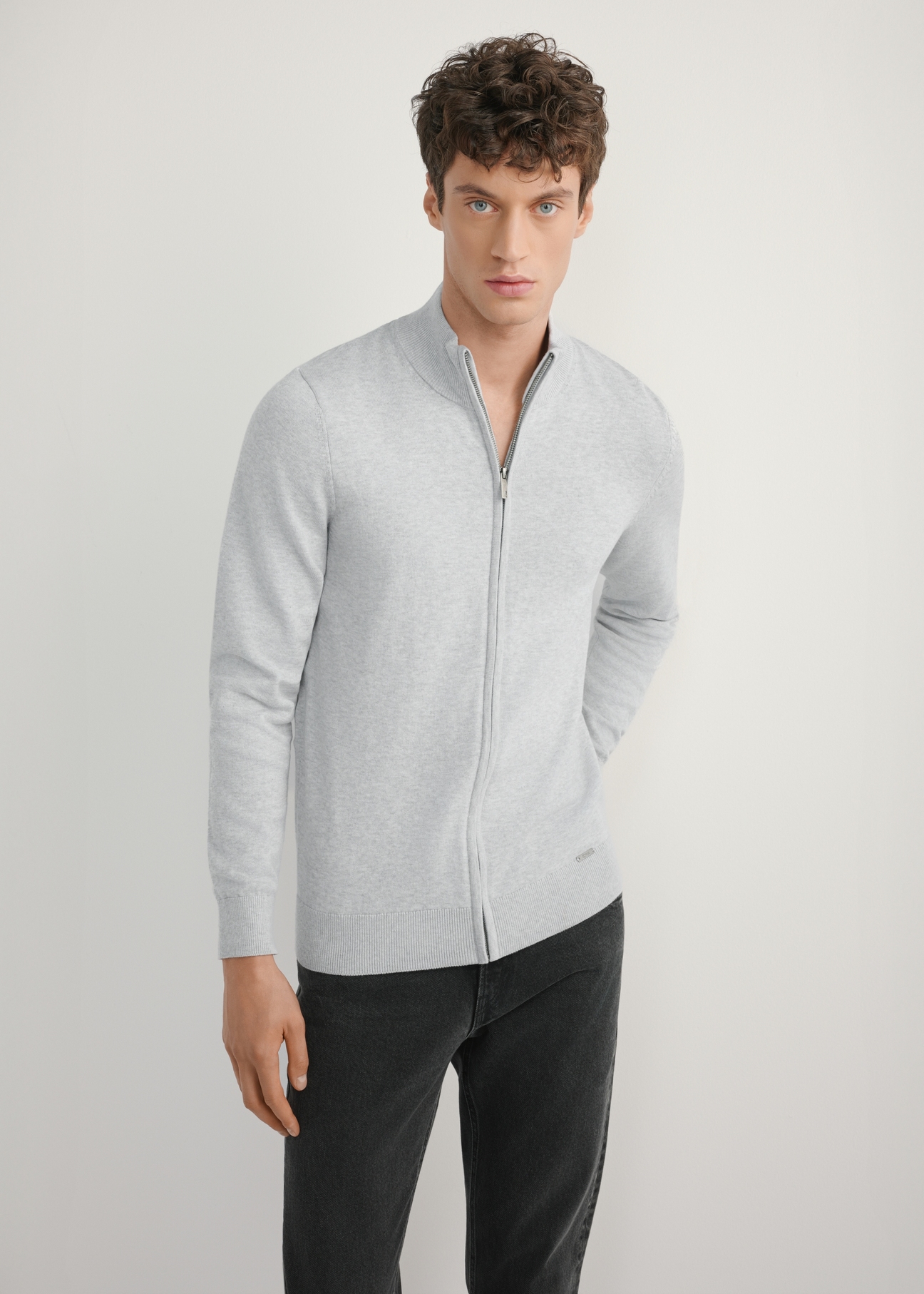 Jasnoszary sweter męski z suwakiem SWEMT-0190-9A(W26), widok produktu z przodu na modelu. Widoczna połowa sylwetki.