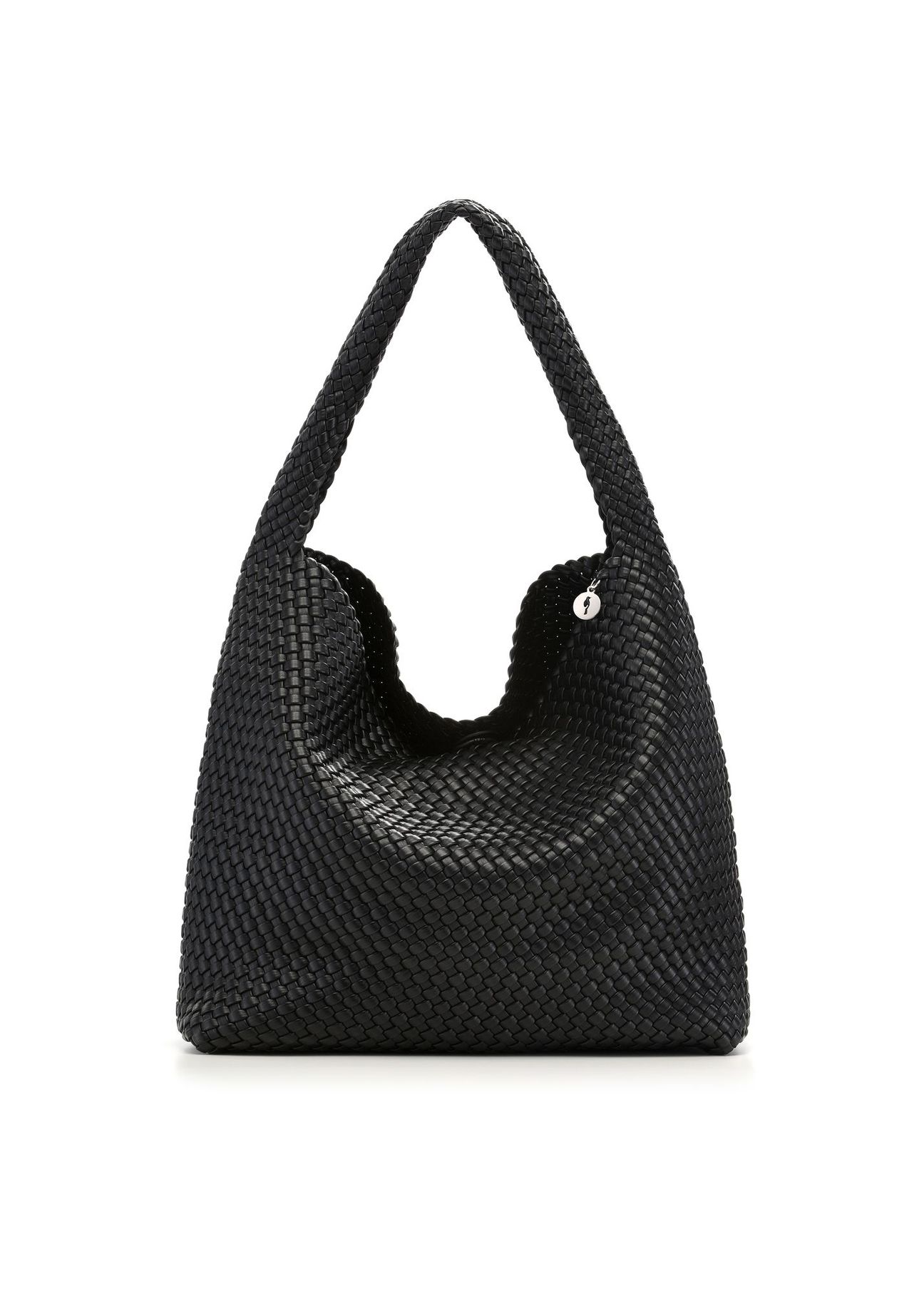 Czarna pleciona torebka shopper TOREC-1148-99(W26) - widok produktu z przodu, na białym tle. 
