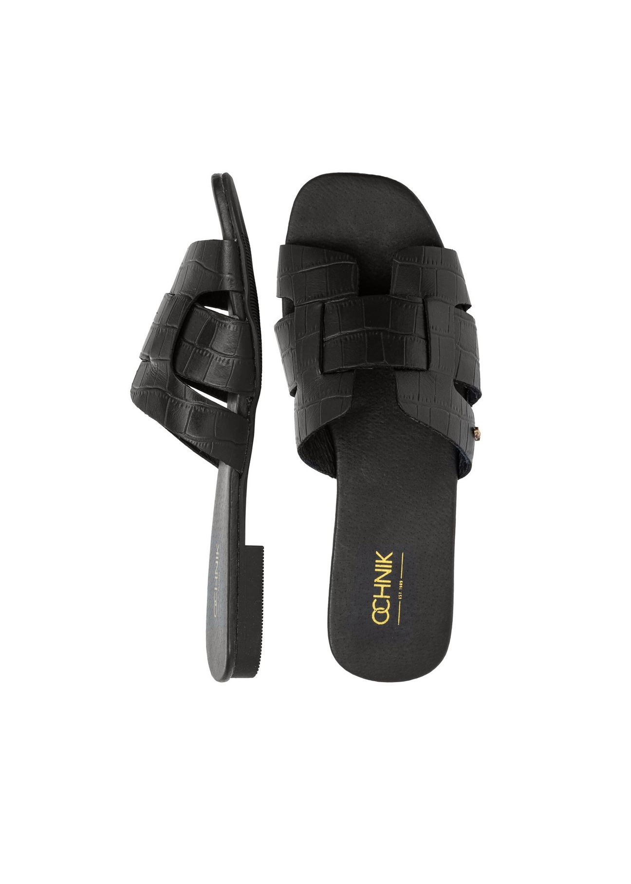 Czarne klapki damskie croco z plecionką BUTYD-0904C-97(W25)-05