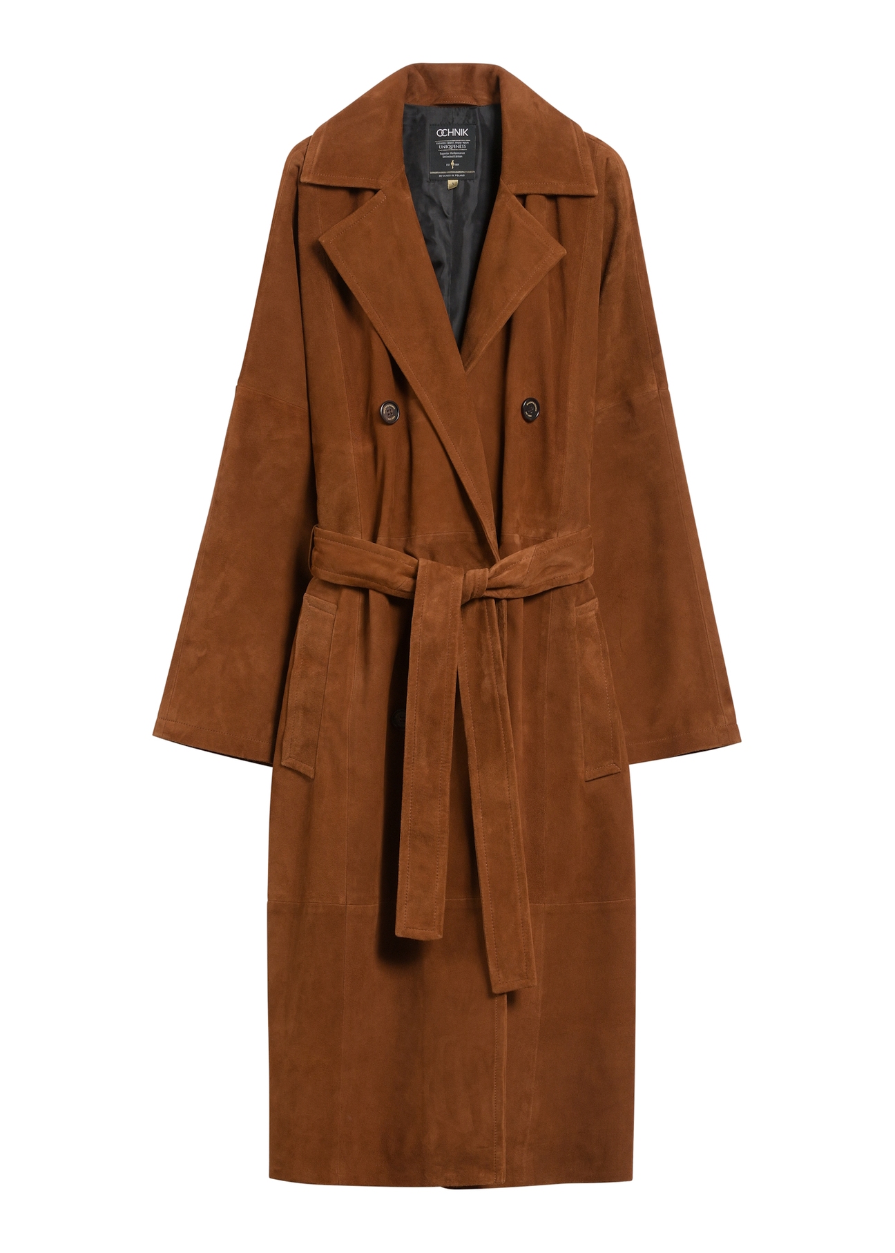 Brązowy zamszowy płaszcz damski oversize KURDS-0551-0775(Z25)