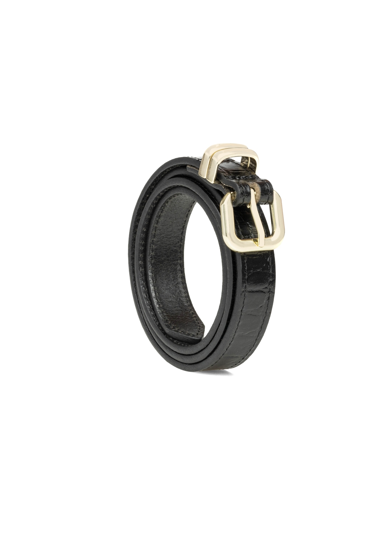 Czarny skórzany pasek damski croco PASDS-0321-9G(W26) - widok produktu z przodu, na białym tle. 