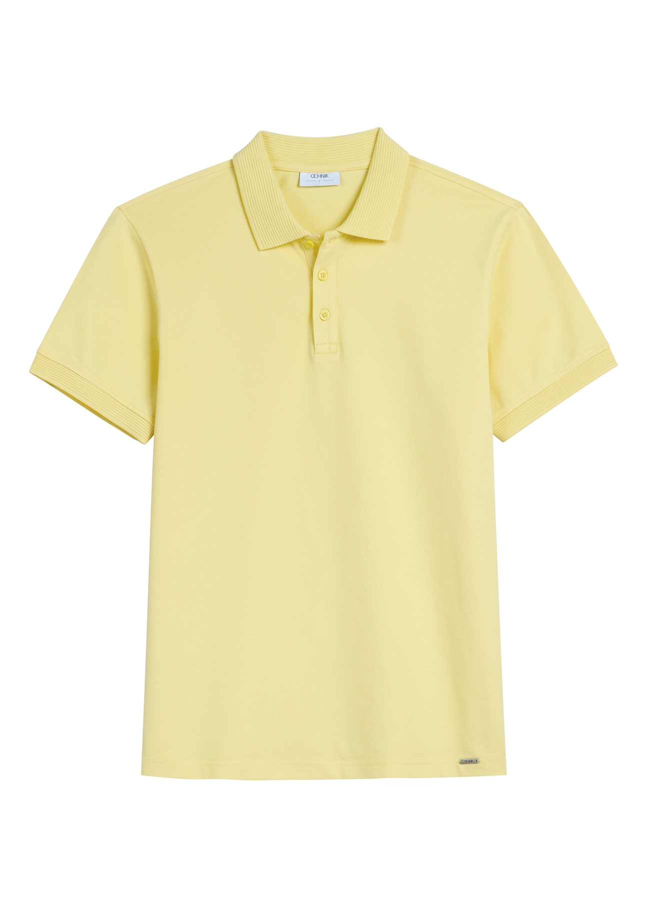 Żółta koszulka polo męska POLMT-0089-2B(W26), widok produktu z przodu na białym tle.
