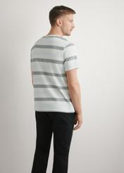 Bawełniany t-shirt męski w paski TSHMT-0143-00(W26), widok produktu z tyłu na modelu. Widoczna połowa sylwetki.