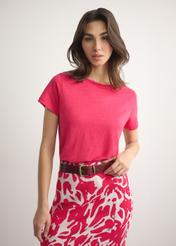 Lniany T-shirt damski w kolorze fuksji TSHDT-0156-5E(W26)