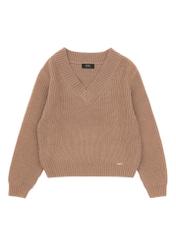 Camelowy sweter dekolt V damski SWEDT-0162-83(Z25)