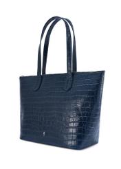 Damska granatowa torebka shopper skórzana TORES-0939F-7D(W26) - widok produktu po skosie, na białym tle. 