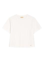 Bawełniany kremowy T-shirt damski TSHDT-0138-0B(W26) - widok produktu przodu, na białym tle. 