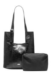 Czarna damska torebka shopper TOREC-1086-99(Z25), widok kompletu produktu z przodu na białym tle. 