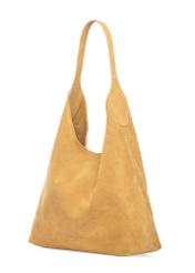 Skórzana torebka shopper w kolorze żółtym TORES-1307-2C(W26) - widok produktu po skosie, na białym tle. 