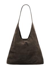 Skórzana torebka shopper w kolorze ciemnobrązowym TORES-1307-1I(W26), widok produktu od tyłu na białym tle.
