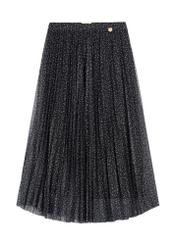 Spódnica plisowana midi w kropki SPCDT-0110-9P(W26) - widok produktu z przodu, na białym tle. 