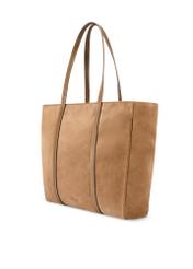 Beżowa zamszowa torebka shopper damska TORES-1248-1B(W26)- widok produktu po skosie, na białym tle.  