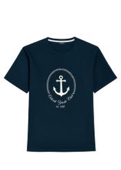Granatowy T-shirt męski z nadrukiem TSHMT-0147-7E(W26), widok produktu z przodu, na białym tle. 