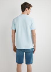 Jasnoniebieska męska koszulka polo POLMT-0095-7A(W26), widok produktu z tyłu na modelu. Widoczna połowa sylwetki.