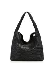 Czarna pleciona torebka shopper TOREC-1148-99(W26) - widok produktu z przodu, na białym tle. 
