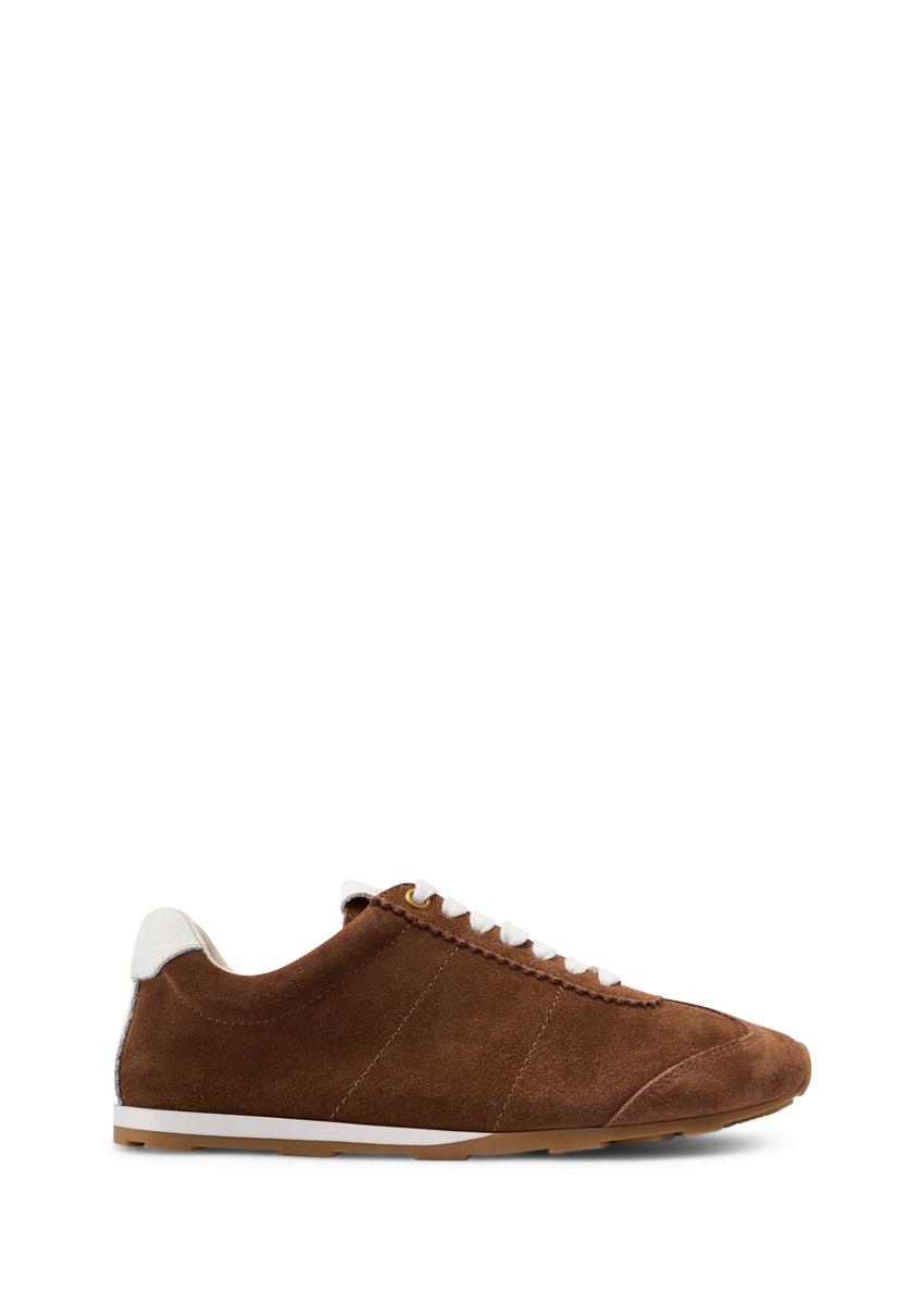 Zamszowe buty damskie w kolorze camelu BUTYD-1276-1D(W26), widok produktu z boku na białym tle.