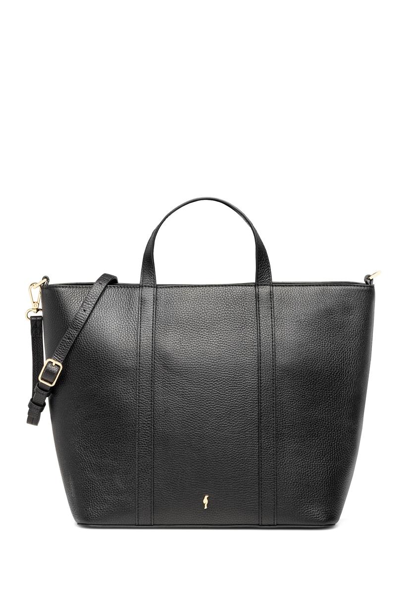 Czarna skórzana torebka shopper TORES-1272-9I(W26), widok produktu z przodu na białym tle.