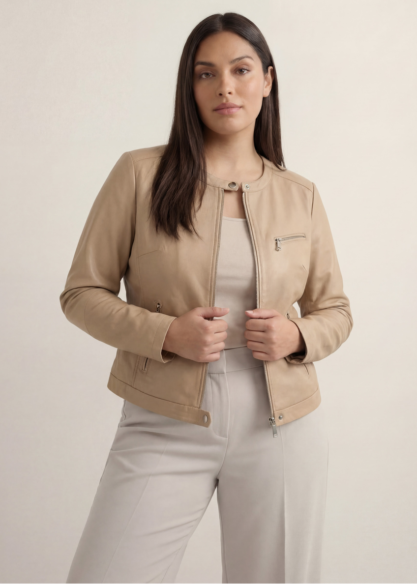 Beżowa skórzana kurtka damska PLUS SIZE KURDS-0154L-1B(W26)