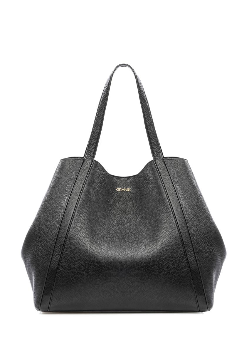 Czarna skórzana torebka shopper damska TORES-1208-9I(W26), widok produktu z przodu na białym tle.