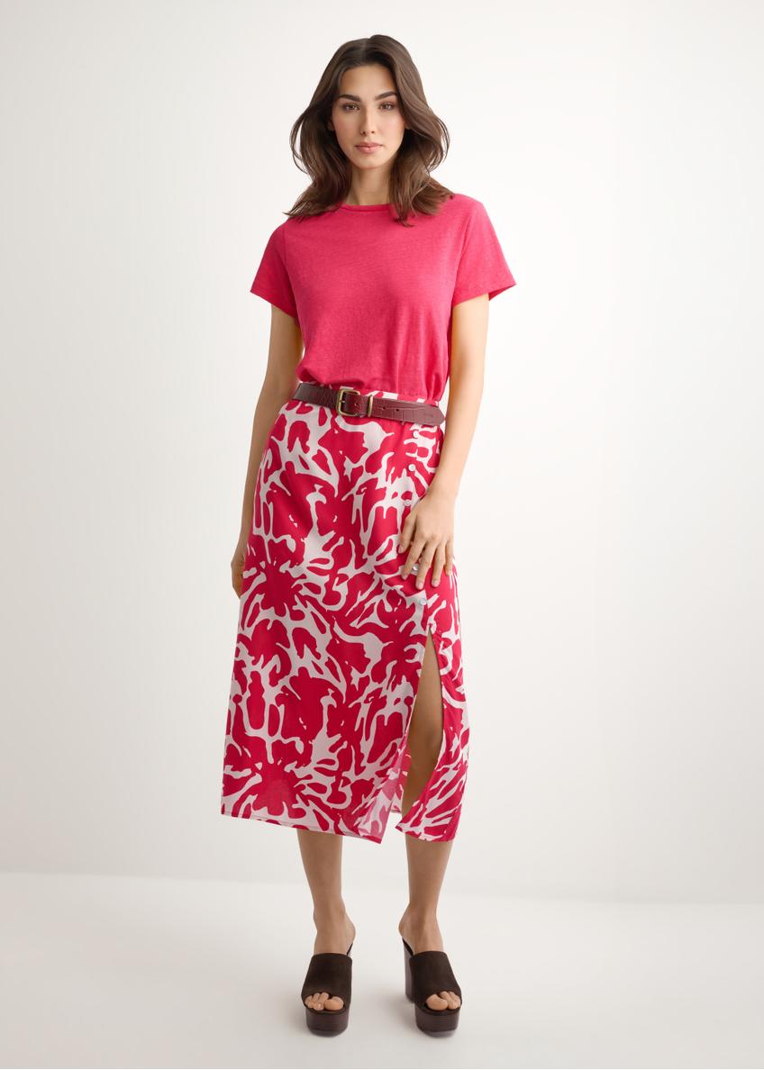Lniany T-shirt damski w kolorze fuksji TSHDT-0156-5E(W26)