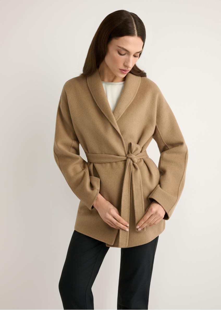 Camelowy płaszcz damski z wełną PLADT-0074-1D(W26)