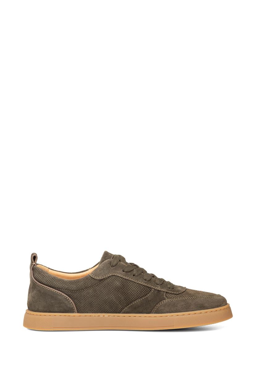 Skórzane buty sportowe w kolorze khaki BUTYM-0528-8D(W26), widok produktu z boku na białym tle.