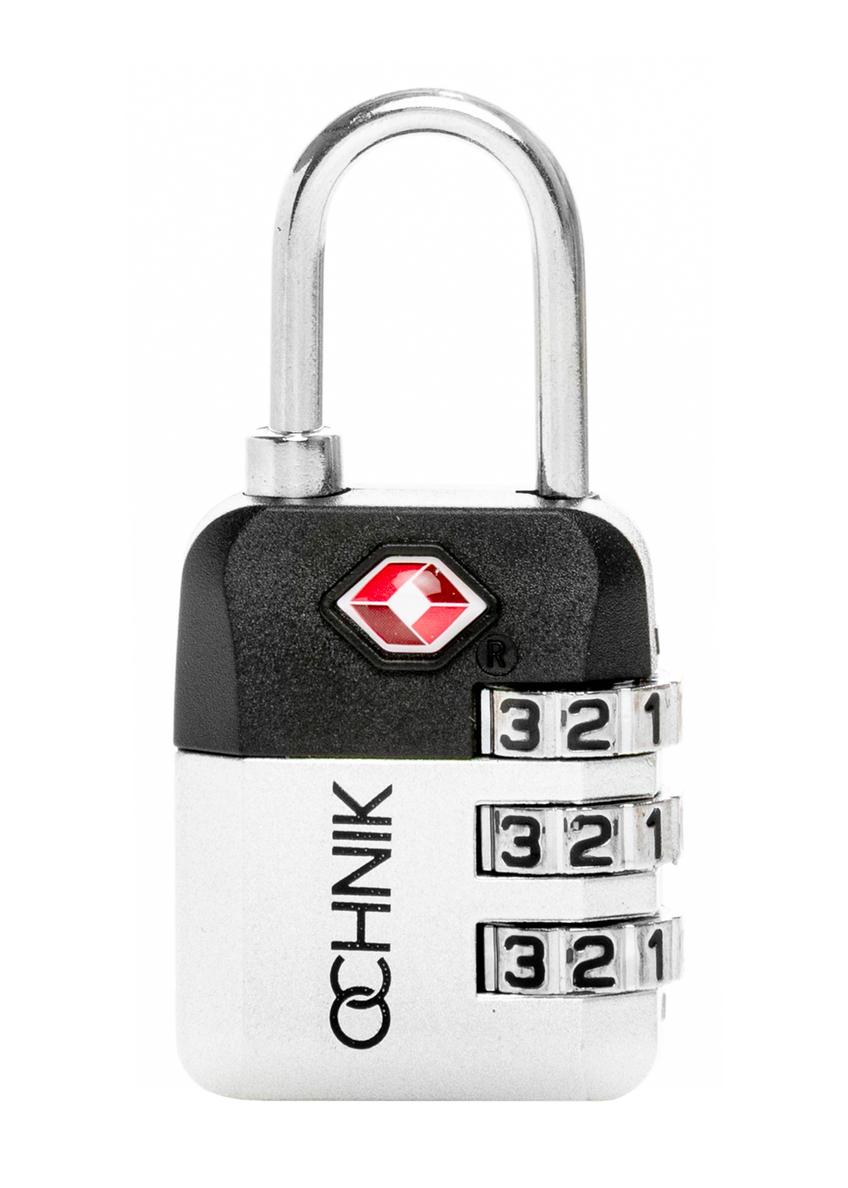 Srebrna szyfrowa kłódka TSA AW-015-0004-9X(W26), widok produktu z przodu na białym tle.