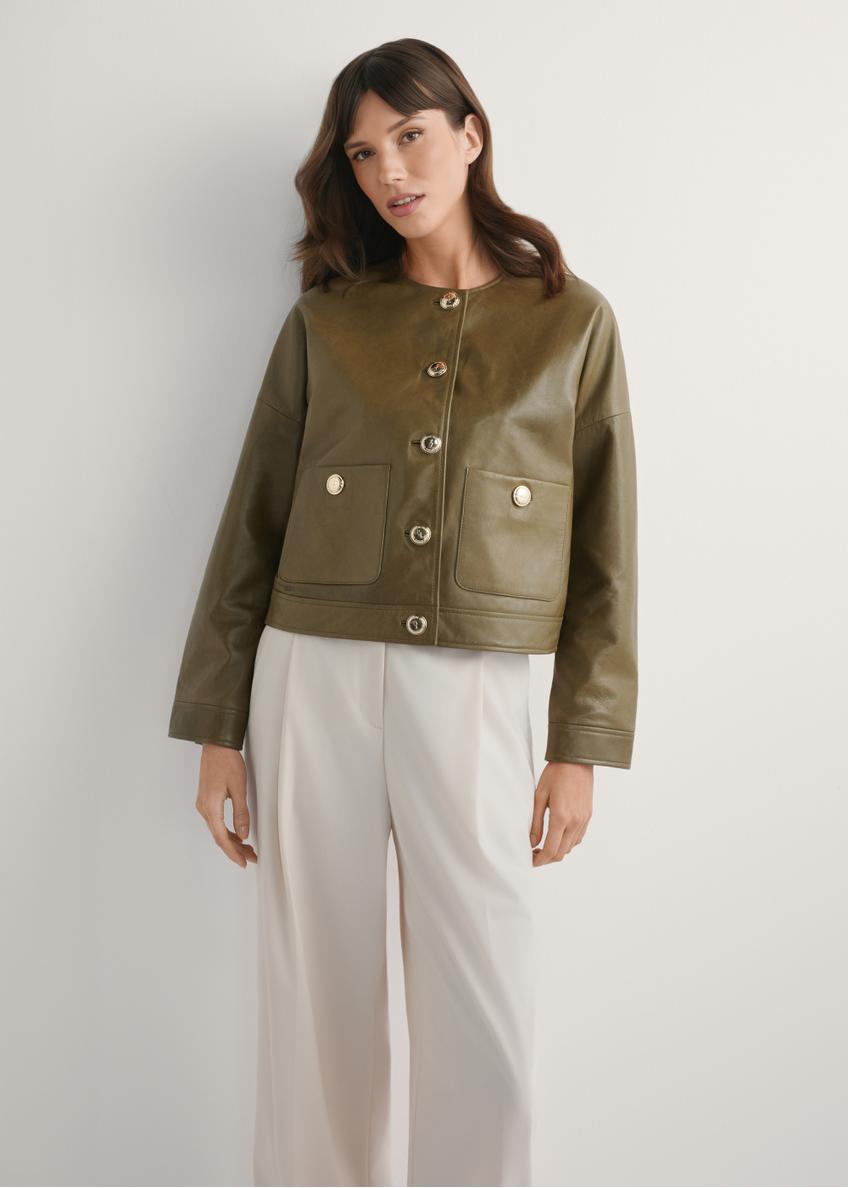 Krótka skórzana kurtka damska khaki KURDS-0590-8D(W26)