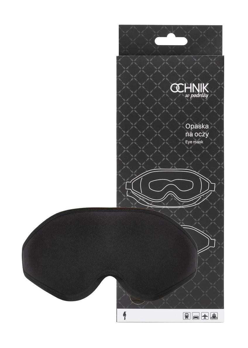 Opaska na oczy w kolorze czarnym AW-017-0001-99(W25), widok produktu i opakowania na białym tle.