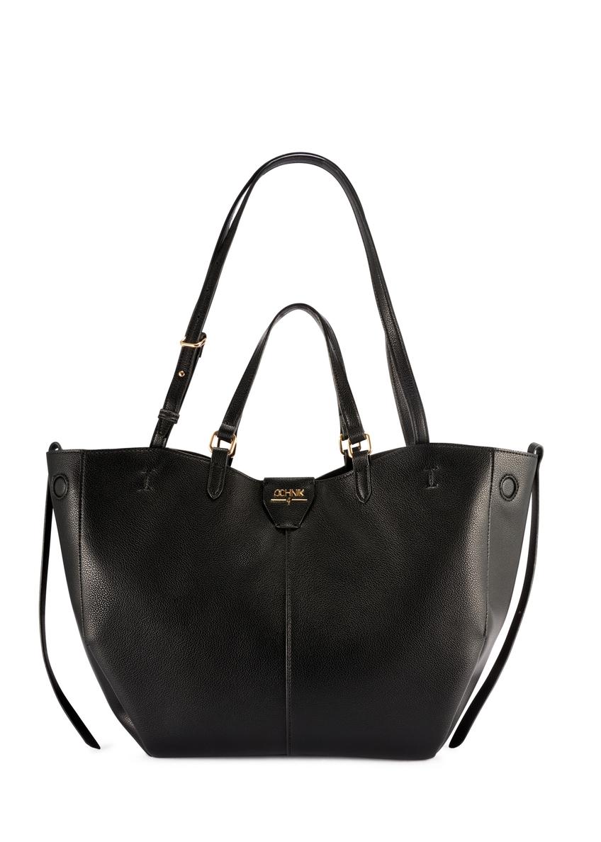 Duża czarna torebka shopper TOREC-1201-99(W26), widok produktu z przodu na białym tle.