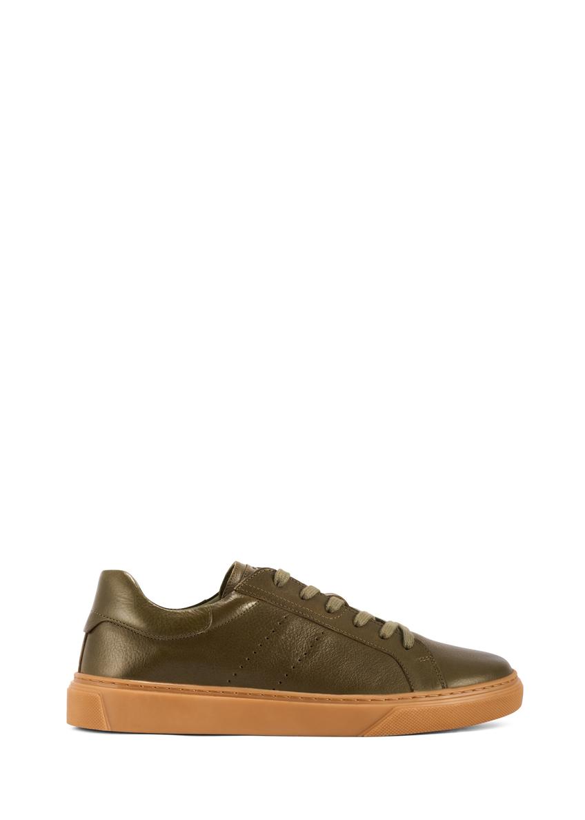 Skórzane sneakersy męskie khaki BUTYM-0486-8D(W26), widok produktu z boku na białym tle.