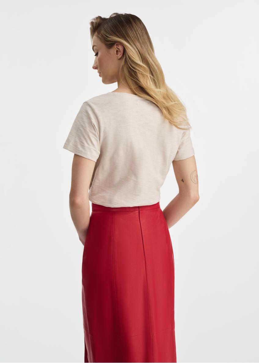 Bawełniany jasnobeżowy T-shirt damski TSHDT-0135-80(W25)