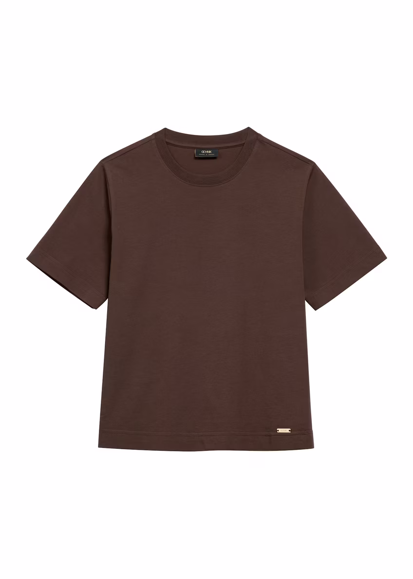 Bawełniany brązowy T-shirt damski TSHDT-0138-1I(W26)