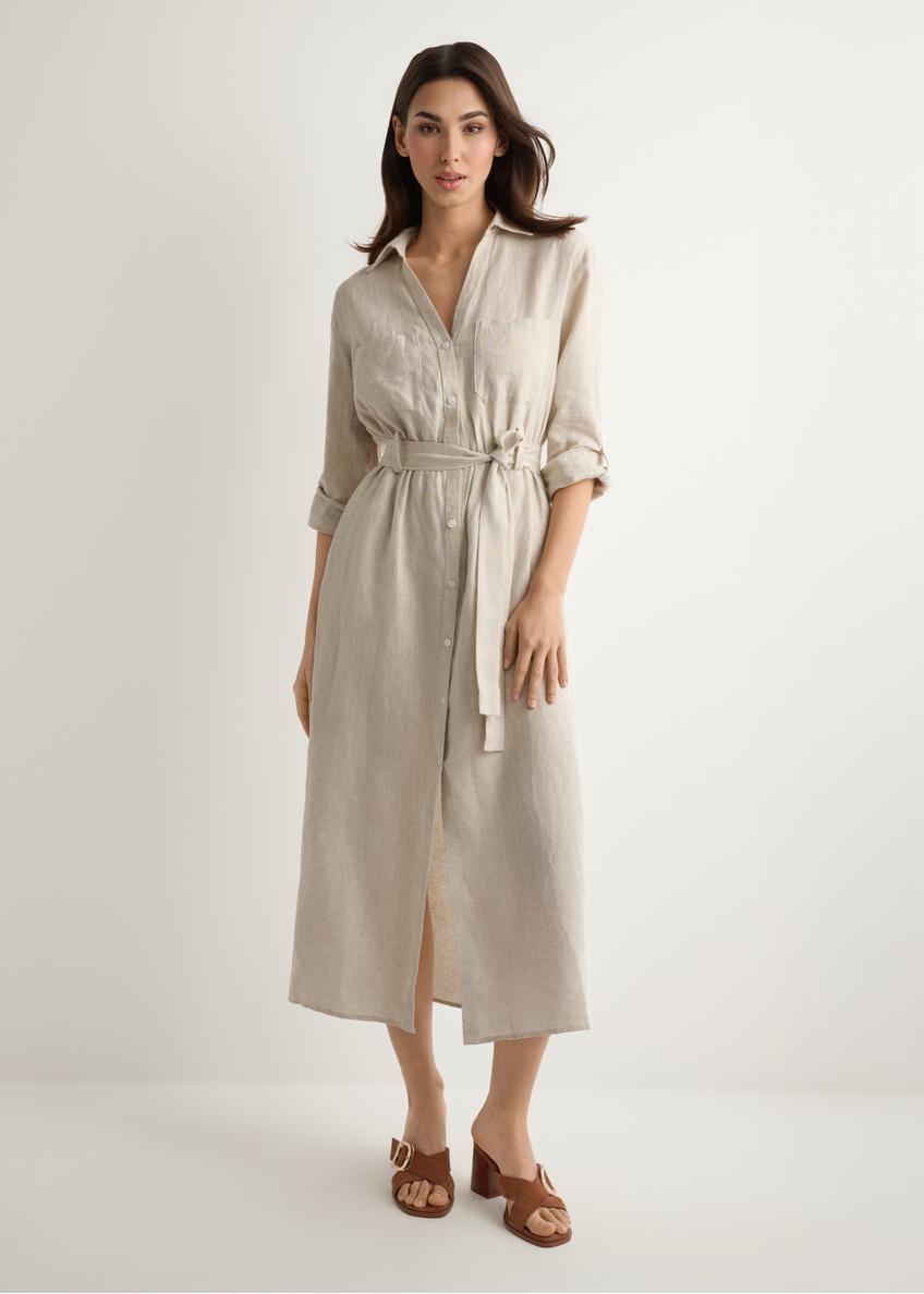 Lniana beżowa sukienka midi SUKDT-0282-1A(W26), widok produktu z przodu na modelce. Widoczna cała sylwetka.