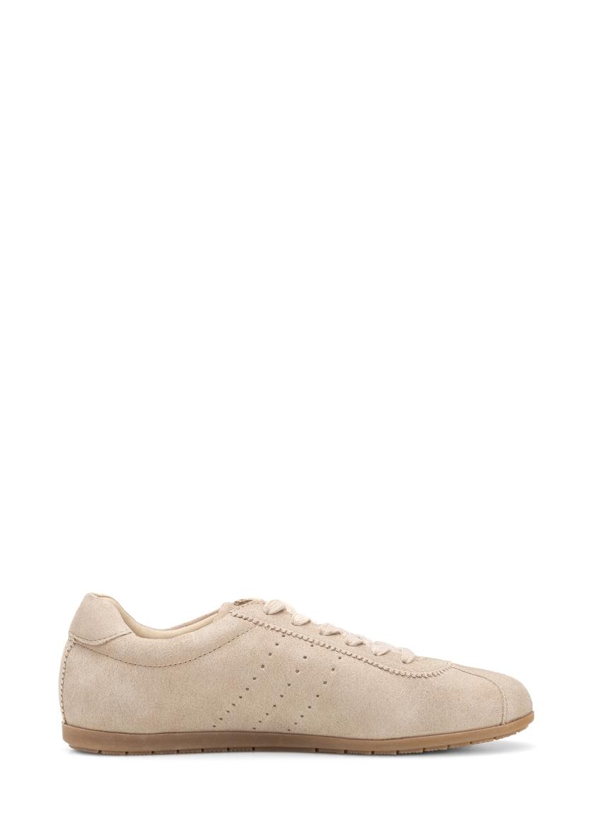 Beżowe zamszowe buty damskie BUTYD-1261-1A(W26), widok produktu z boku na białym tle.